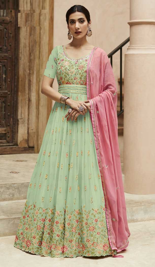 Faux Georgette Sequence Embroidery Work Anarkali Style Salwar Suit In Pista – 7143174515