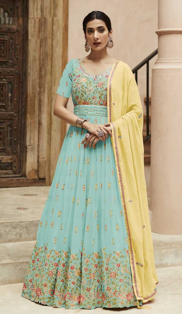 Faux Georgette Sequence Embroidery Work Anarkali Style Salwar Suit In Sky – 7143174516