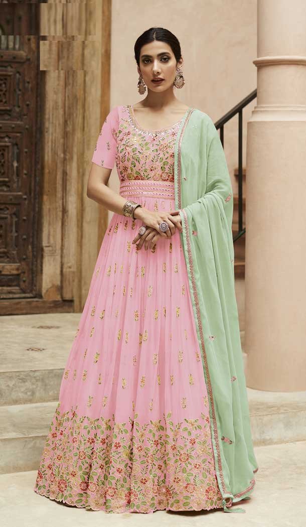 Faux Georgette Sequence Embroidery Work Anarkali Style Salwar Suit In Pink – 7143174517