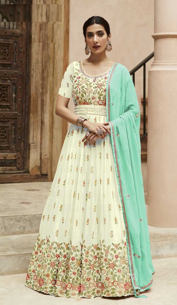 Faux Georgette Sequence Embroidery Work Anarkali Style Salwar Suit In Cream – 7143174518