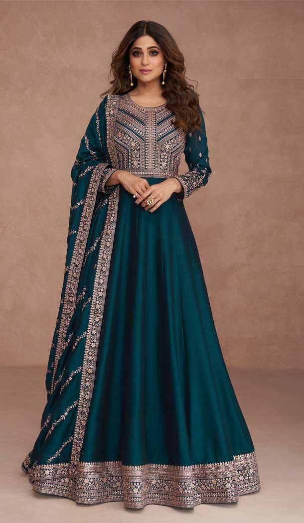 Traditional Wear Premium Silk Embroidery Work Anarkali Salwar Suit In Aqua Blue – 7144174519