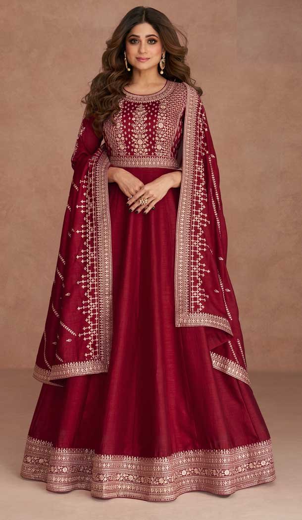 Traditional Wear Premium Silk Embroidery Work Anarkali Salwar Suit In Maroon – 7144174520