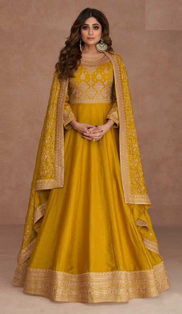 Traditional Wear Premium Silk Embroidery Work Anarkali Salwar Suit In Yellow – 7144174521