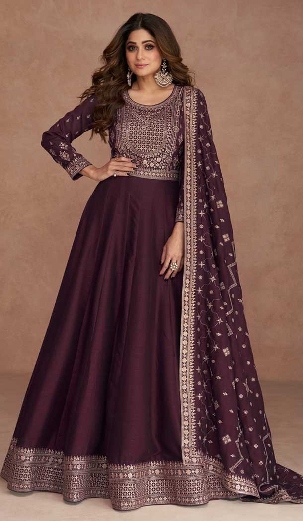 Traditional Wear Premium Silk Embroidery Work Anarkali Salwar Suit In Wine – 7144174522