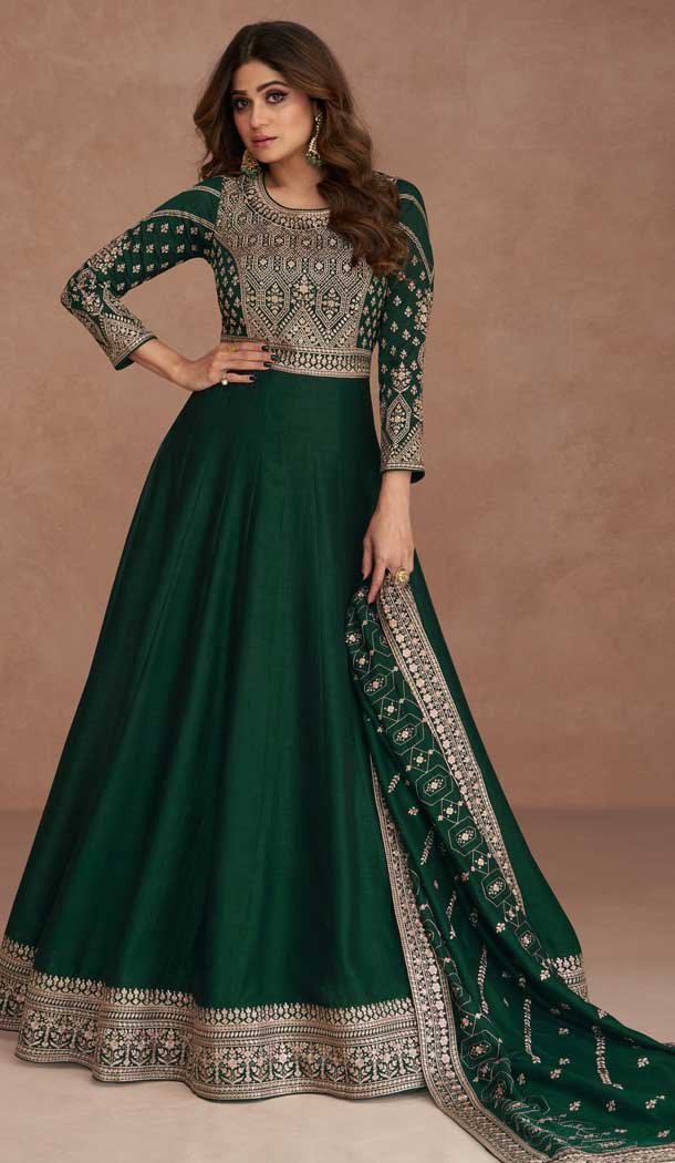 Traditional Wear Premium Silk Embroidery Work Anarkali Salwar Suit In Green – 7144174523