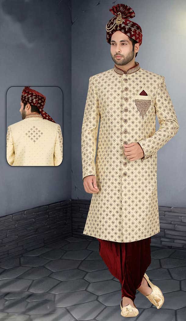 Stand Out on Your Big Day with our Exquisite Cream Plus Size Wedding Sherwani for Men -7917179008