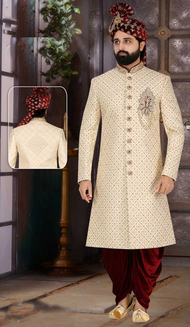 Ethnic Style with our Impeccable Cream Plus Size Banarasi Jacquard Sherwani for Men -7917179009