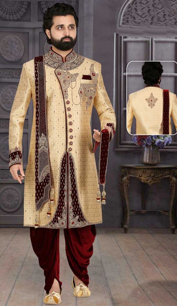 Cream Color Banarasi Jacquard Bridal Groom Wedding Wear Men Sherwani -7917179010