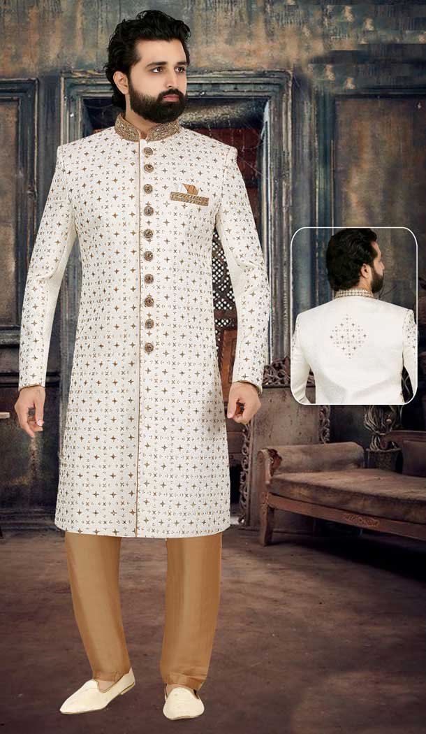 Charm of Tradition with our Regal Banarasi Jacquard White Plus Size Wedding Sherwani for Men -7917179011