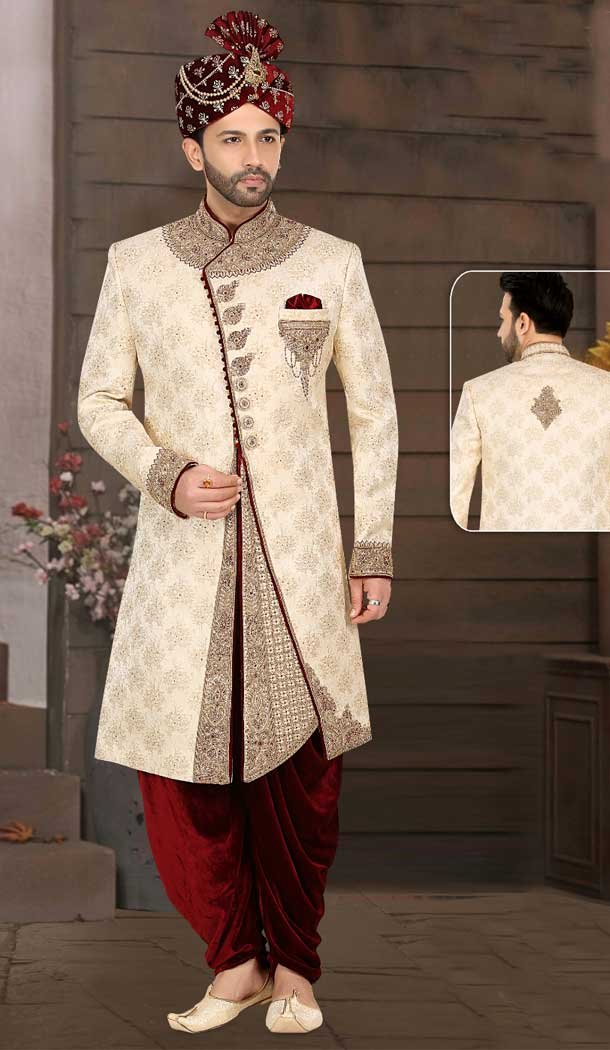 Be the Epitome of Elegance Tailored Cream Banarasi Jacquard Plus Size Sherwani for Men -7917179012