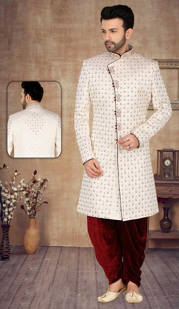 Make a Lasting Impression with our Luxurious Off White Plus Size Wedding Sherwani for Men -7917179013