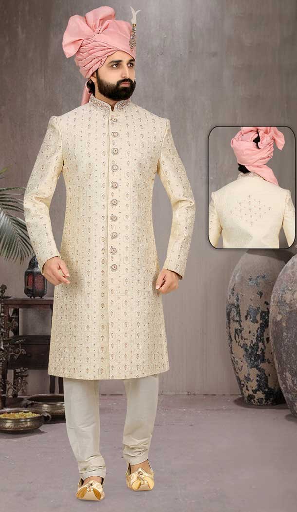 Timeless Elegance our Ethnic Cream Banarasi Jacquard Plus Size Wedding Sherwani for Men -7917179014