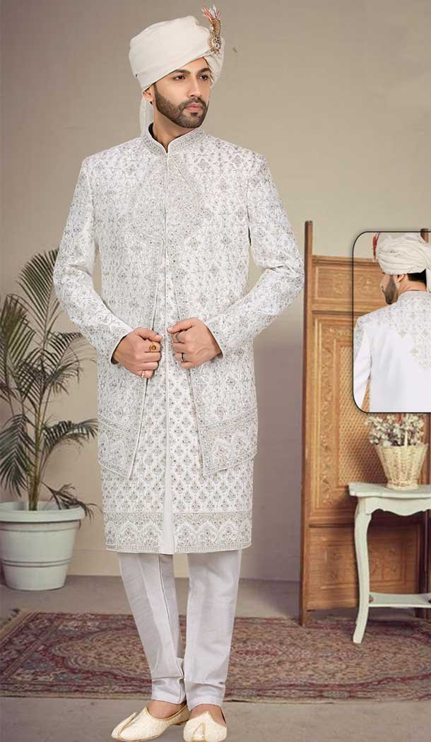 Stand Out on your Big Day with our Banarasi Jacquard Cream Plus Size Wedding Sherwani for Men -7917179015