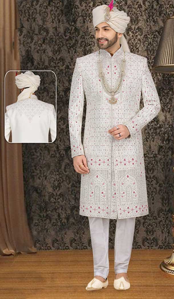 Sophistication Get our Exclusive Ethnic Banarasi Jacquard White Plus Size Wedding Sherwani for Men -7917179017