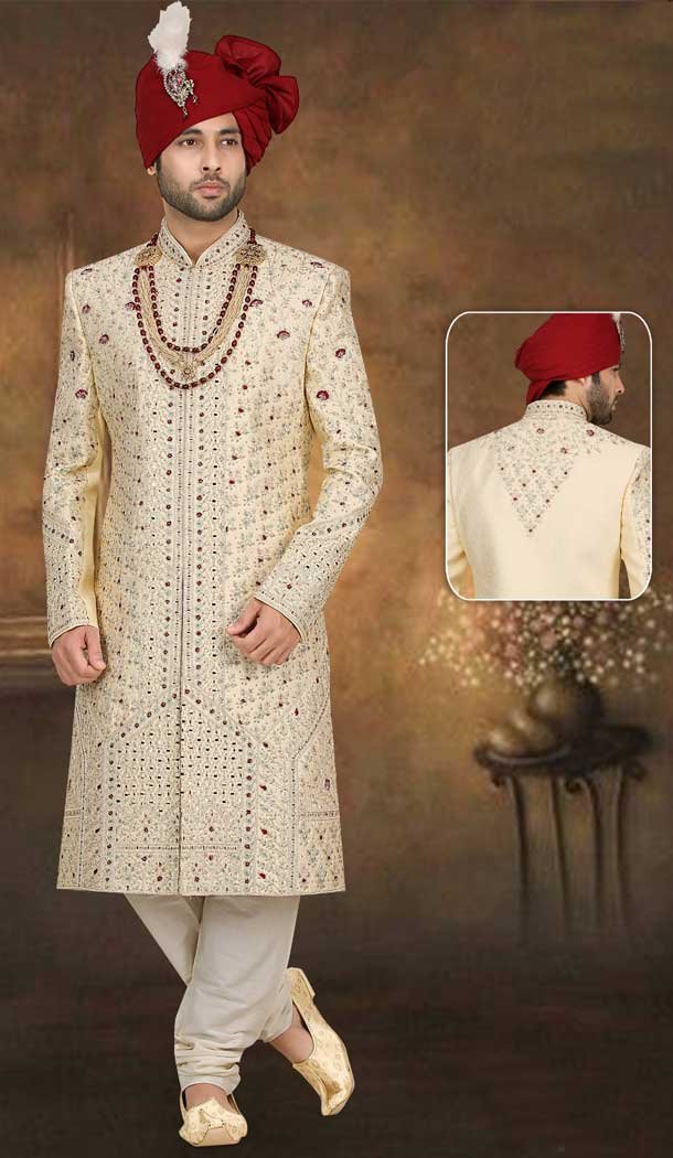 Prince Charming with our Banarasi Jacquard Ethnic Cream Plus Size Wedding Sherwani for Men -7917179018