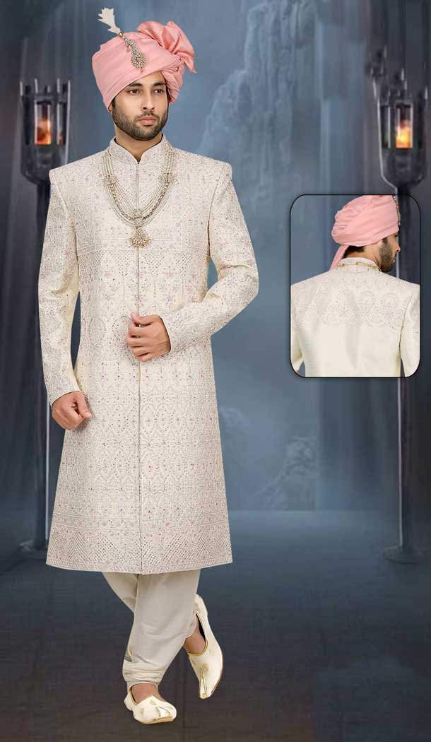 Step into a World of Luxury Discover our Ethnic Off White Banarasi Plus Size Wedding Sherwani for Men -7917179019