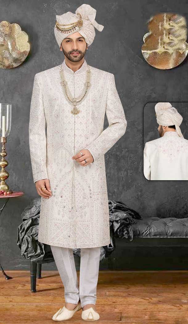 Experience Opulence: Standout in the Crowd with Our Banarasi Jacquard White Sherwani -7916178985