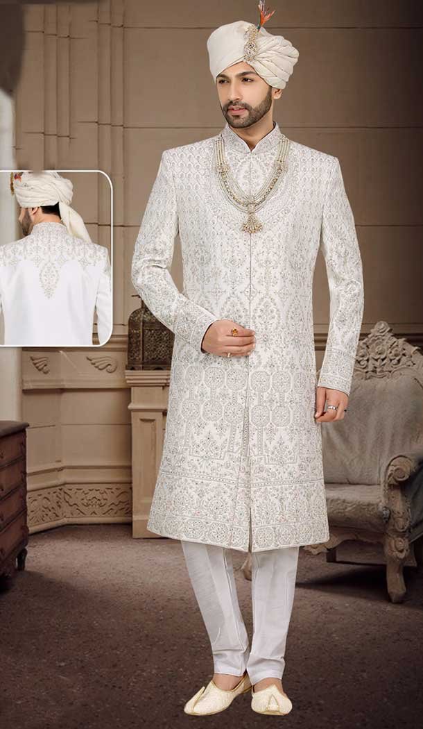 Unlock the Treasure Chest: Discover the Epitome of Elegance in Our White Banarasi Jacquard Sherwani -7916178986