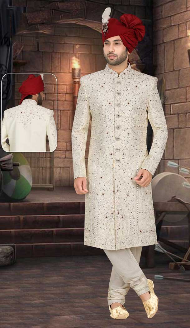 Make Heads Turn: Rock the Perfect Wedding Look with Our Hand Work Cream Sherwani for Men -7916178987