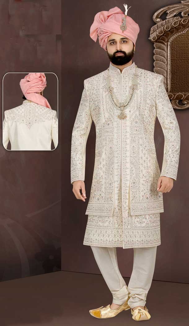 This showstopper cream Banarasi Jacquard wedding Sherwani – guaranteed to steal the limelight -7916178988