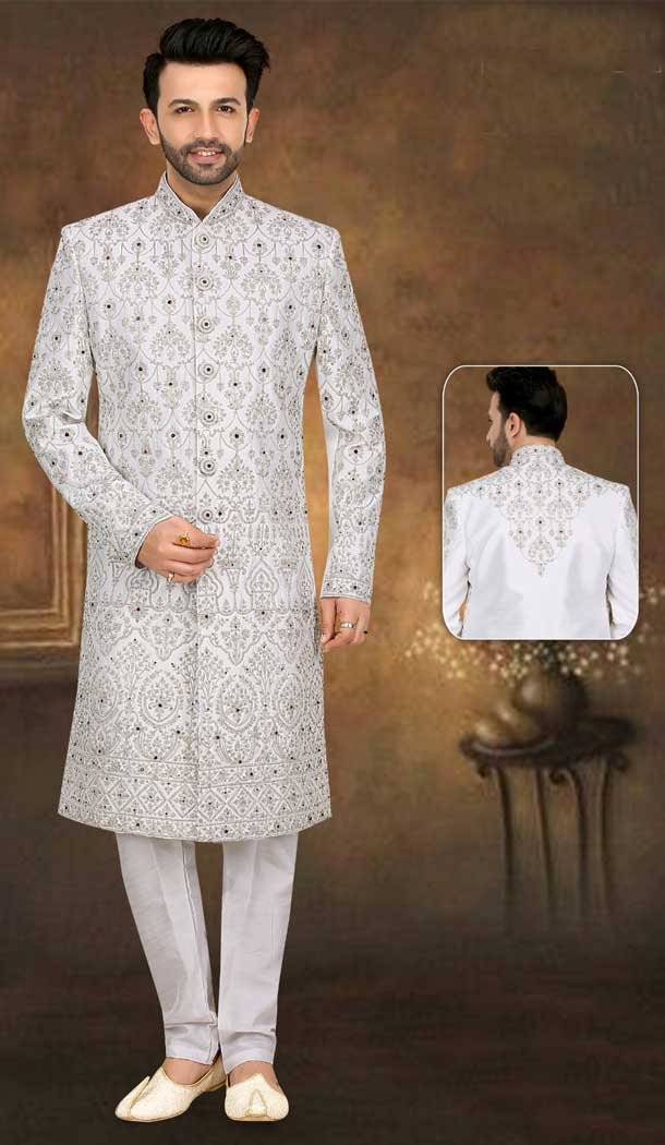 Say ‘I do’ to timeless elegance with our handcrafted White Sherwani – a perfect match for your big day -7916178989