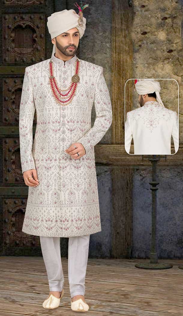 This stunning White Sherwani, detailed with exquisite Banarasi Jacquard handwork -7916178990