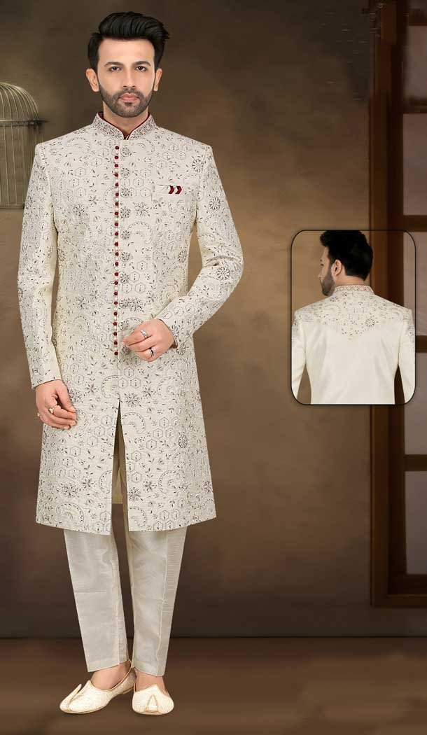 This Cream Banarasi Jacquard Sherwani exudes effortless sophistication for your dream wedding -7916178992