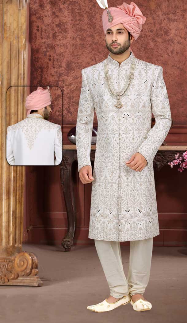 Dazzle the Crowd in our White Sherwani – A Captivating Blend of Banarasi Jacquard and Handwork Craftsmanship -7916178995