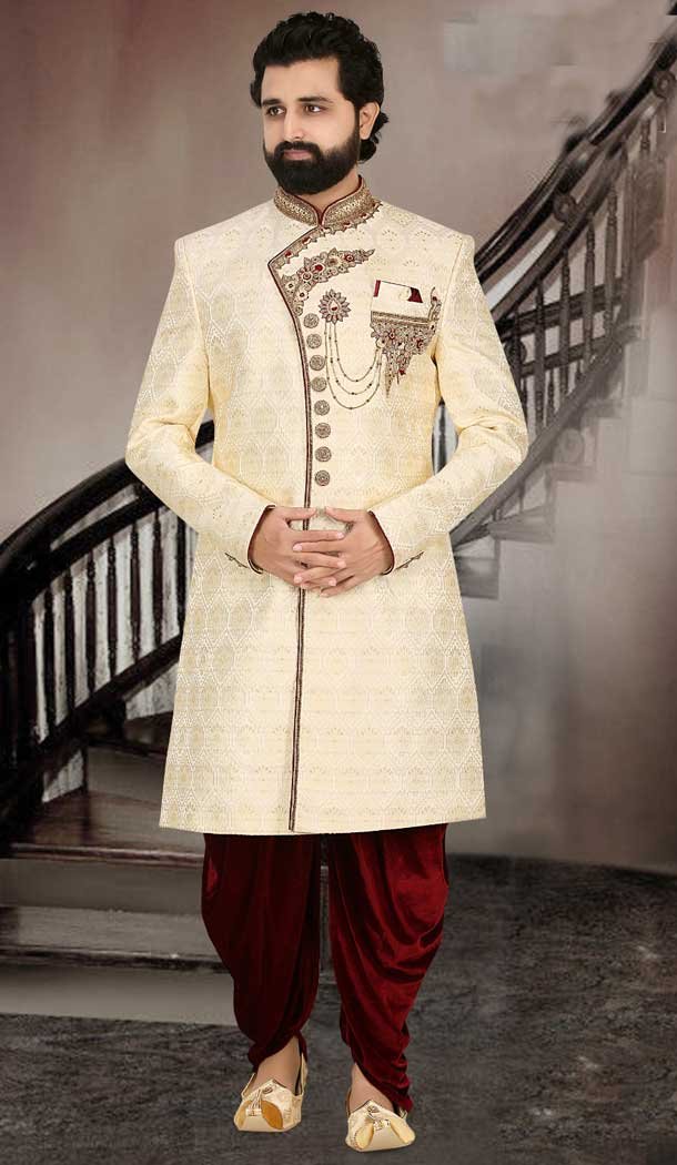 Party like a prince in our Banarasi Jacquard Cream Sherwani – The epitome of wedding style and tradition -7916178998