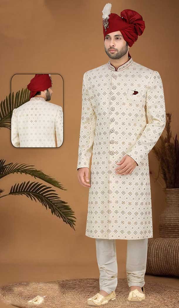 Unleash your inner royal with our Cream Hand Work Sherwani – A timeless masterpiece for the groom -7916178999