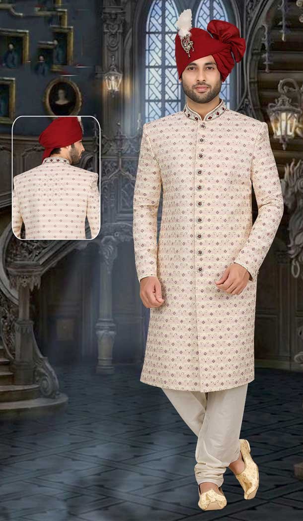 Make a bold style statement with our Hand Work Cream Banarasi Jacquard Sherwani -7916179001