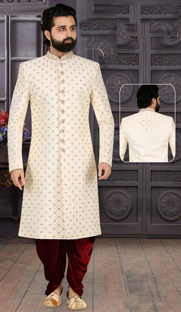 Step into elegance and luxury with our Cream Banarasi Jacquard Sherwani – The perfect attire for the man -7916179002