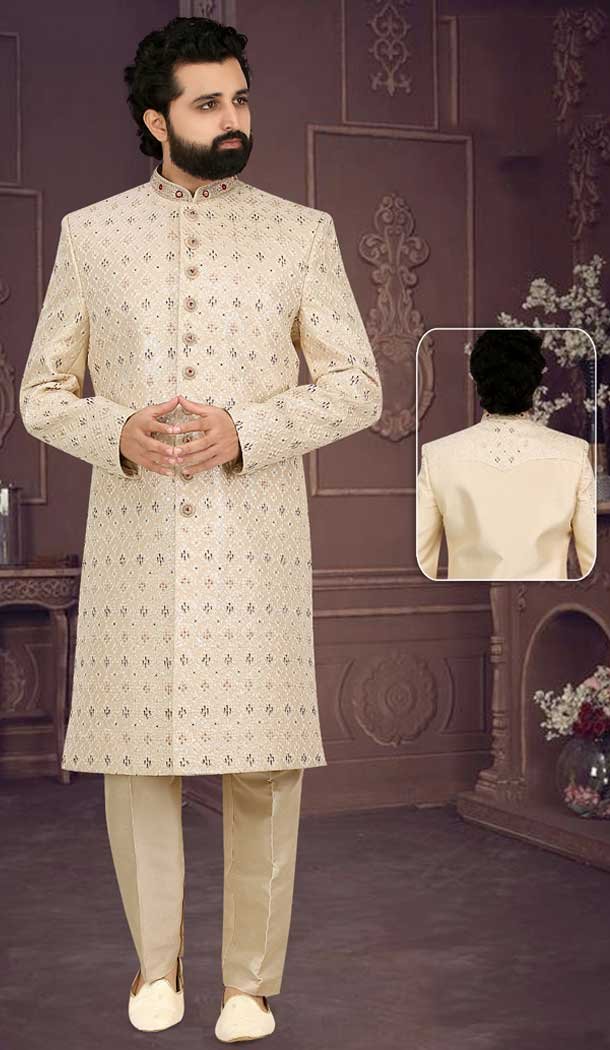 Unleash Your Inner Maharaja with this Regal Cream Sherwani – Perfect for Weddings and Special Occasions -7916179003