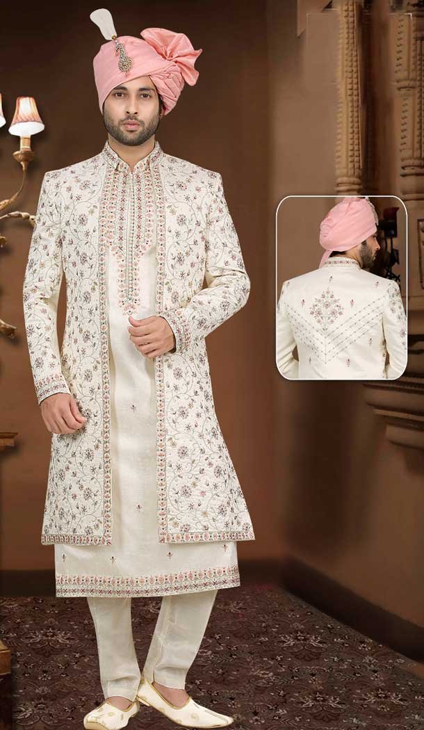 Step up Your Style Game with our Exquisite Banarasi Jacquard Off White Sherwani – Elegance at Its Finest -7916179004