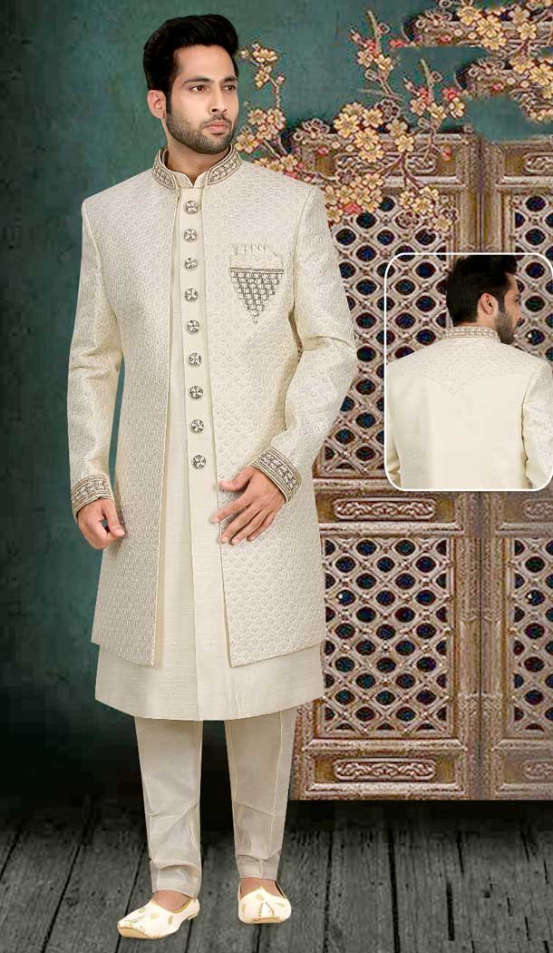 Elevate Your Big Day Look with our Hand Work Cream Sherwani – Unleash Your Style Beast -7916179006