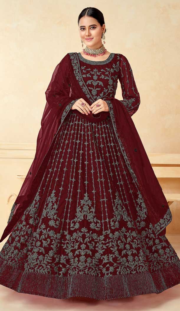 Party Wear Maroon Color Net Sequence Embroidery Work Heavy Salwar Suit – 7274175215