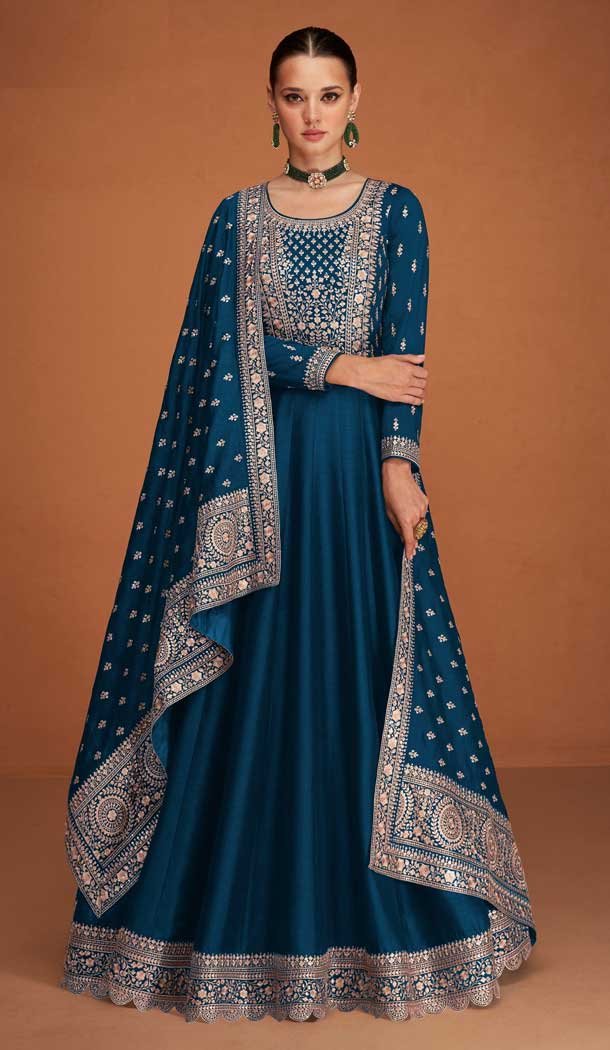 Party Wear Teal Color Premium Silk Embroidery Work Anarkali Salwar Suit – 7312175442