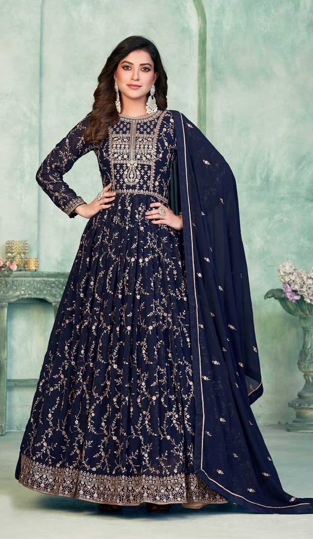 Function Wear Faux Georgette Embroidery Work Anarkali Salwar Suit In Navy Blue – 7317175469