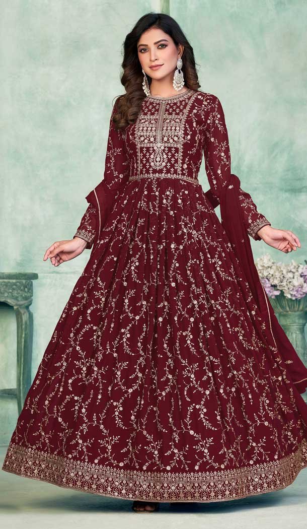 Function Wear Faux Georgette Embroidery Work Anarkali Salwar Suit In Maroon – 7317175470