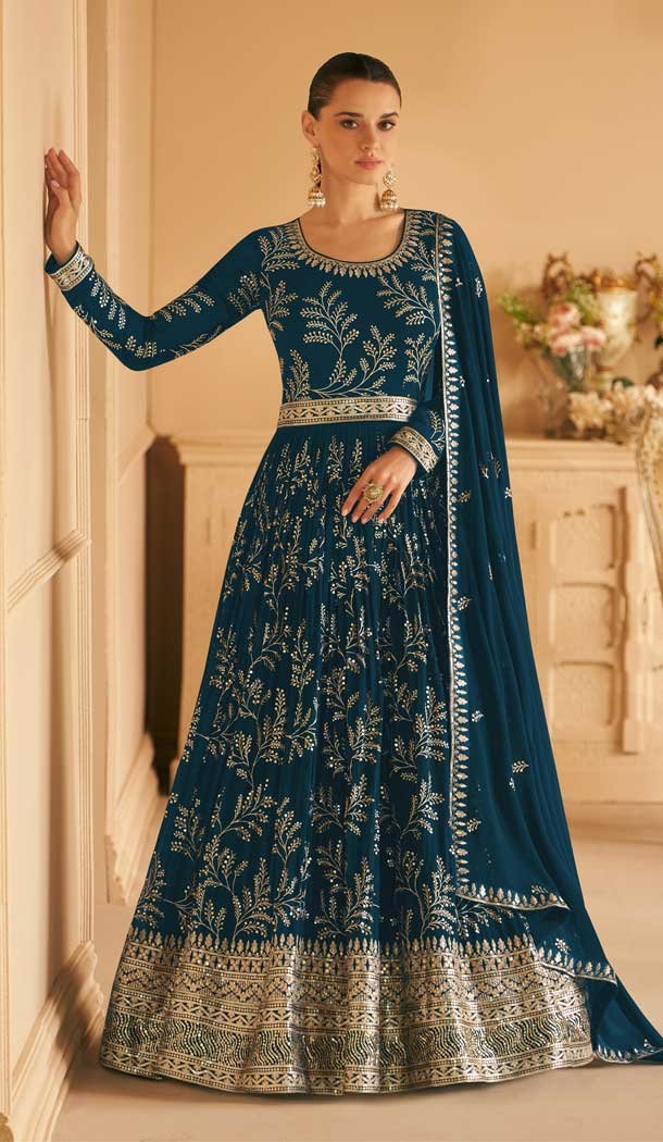 Party Wear Faux Georgette Embroidery Work Anarkali Salwar Suit In Aqua Blue – 7357175744