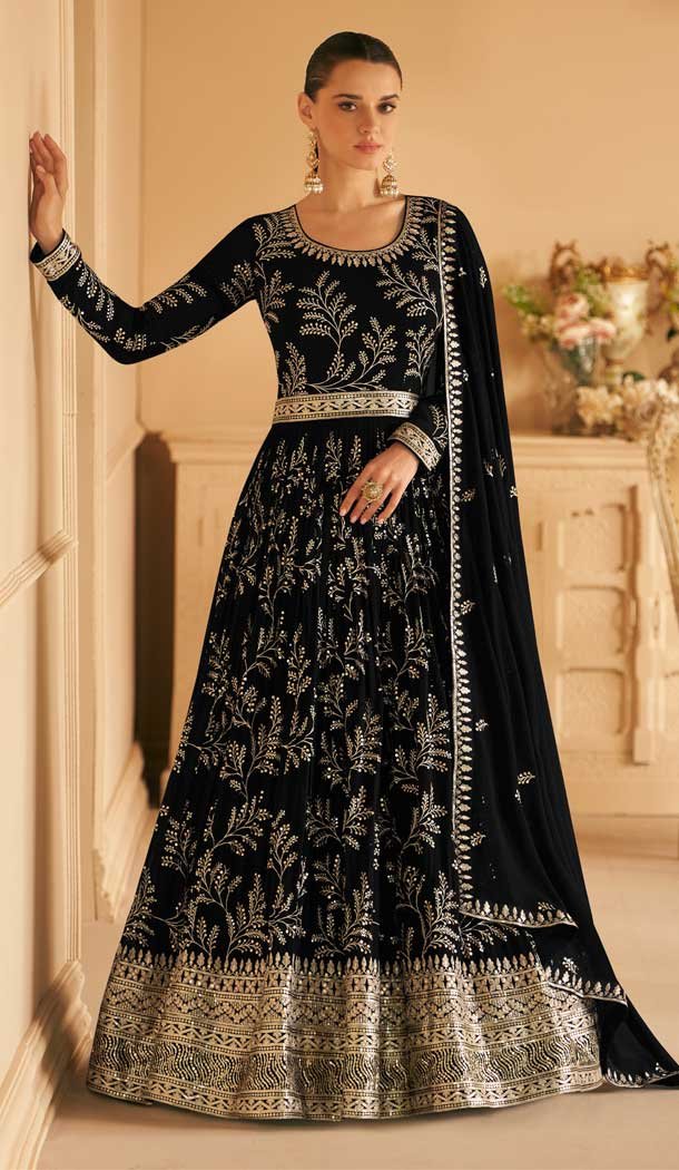 Party Wear Faux Georgette Embroidery Work Anarkali Salwar Suit In Black – 7357175746