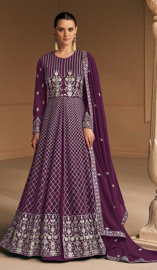 Plus Size Women Faux Georgette Embroidery Work Anarkali Salwar Suit In Purple – 7367175850