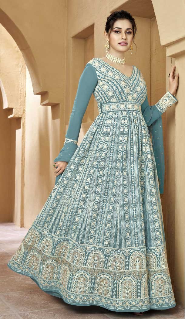 Embroidery Work Faux Georgette Wedding Wear Anarkali Salwar Suit In Sky Color – 7666177494