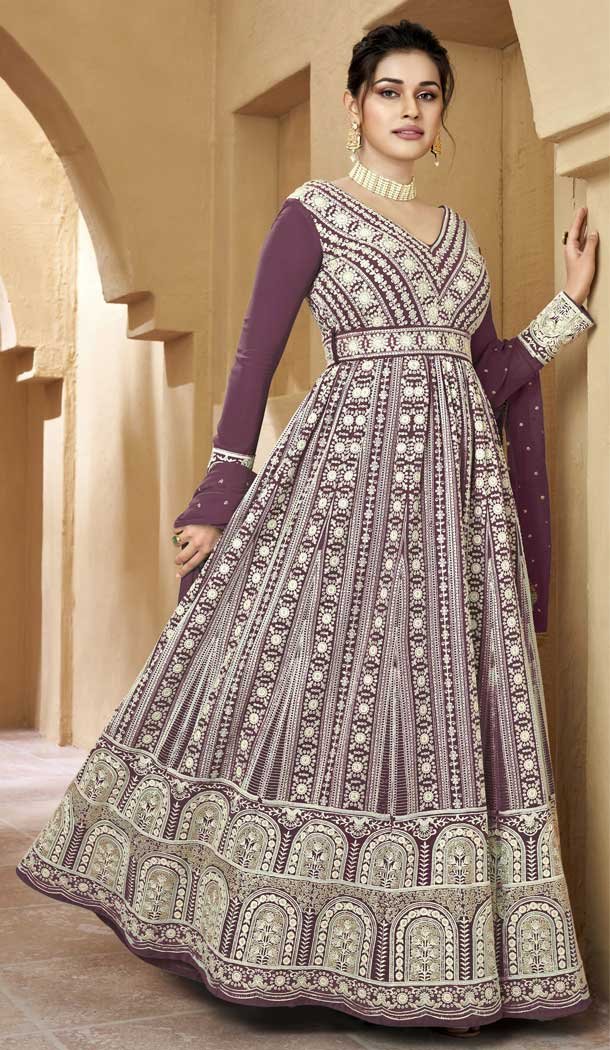 Embroidery Work Faux Georgette Wedding Wear Anarkali Salwar Suit In Purple – 7666177495