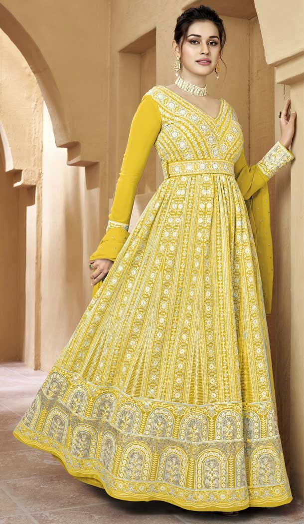 Embroidery Work Faux Georgette Wedding Wear Anarkali Salwar Suit In Yellow – 7666177496