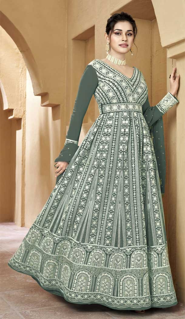 Embroidery Work Faux Georgette Wedding Wear Anarkali Salwar Suit In Green – 7666177497