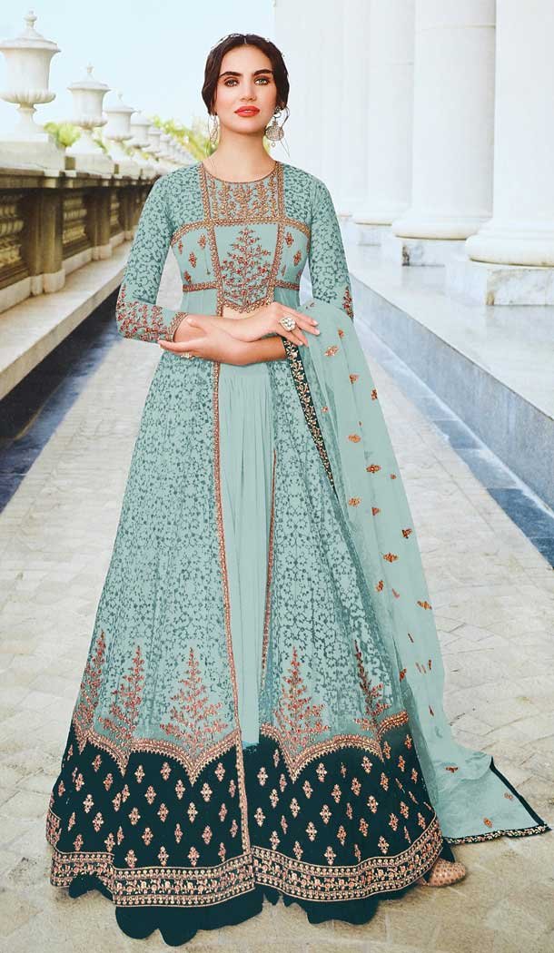 Net Embroidery With Diamond Work Plus Size Anarkali Salwar Suit In Adorable Sky Color – 7708177790