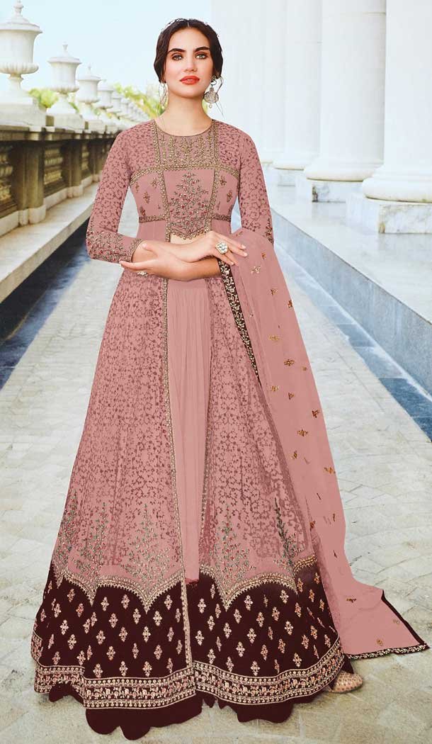 Net Embroidery With Diamond Work Plus Size Anarkali Salwar Suit In Classy Peach – 7708177791