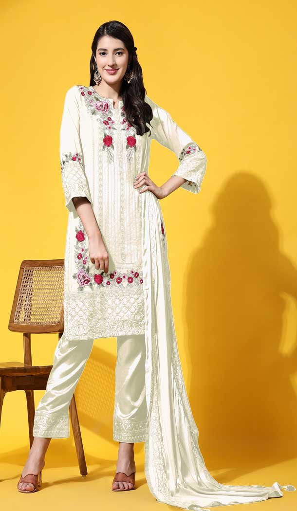 Casual Party Wear Faux Georgette Embroidered Salwar Suit In Off White – 7743177960