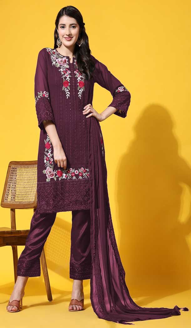 Casual Party Wear Faux Georgette Embroidered Salwar Suit In Purple – 7743177961